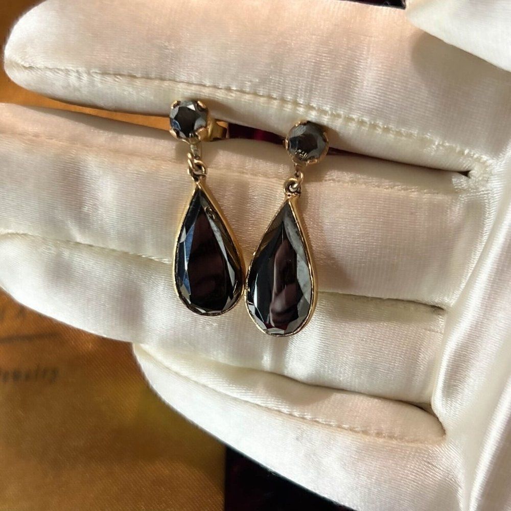 Victorian Era Antique Gothic Earrings- 10K Gold Obsidian Dangle Earrings -Witchy